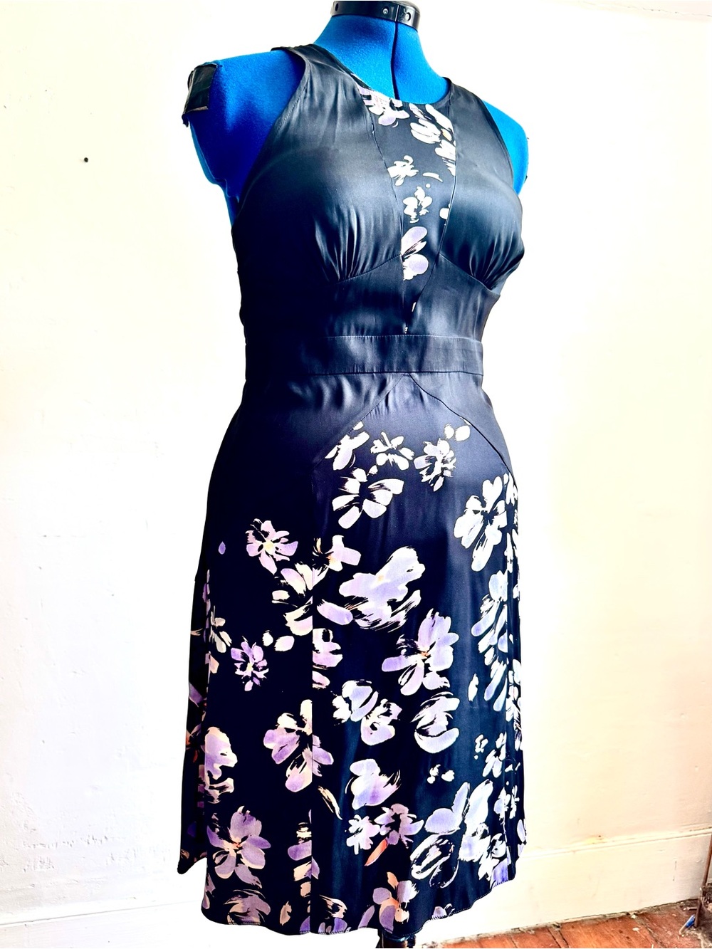 Vintage TR Designs NY Black with Floral Panels Fit and Flare Sleeveless Dress